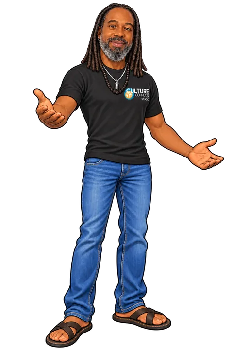 Illustration of Bryan in a Culture Connects shirt, blue jeans and sandals