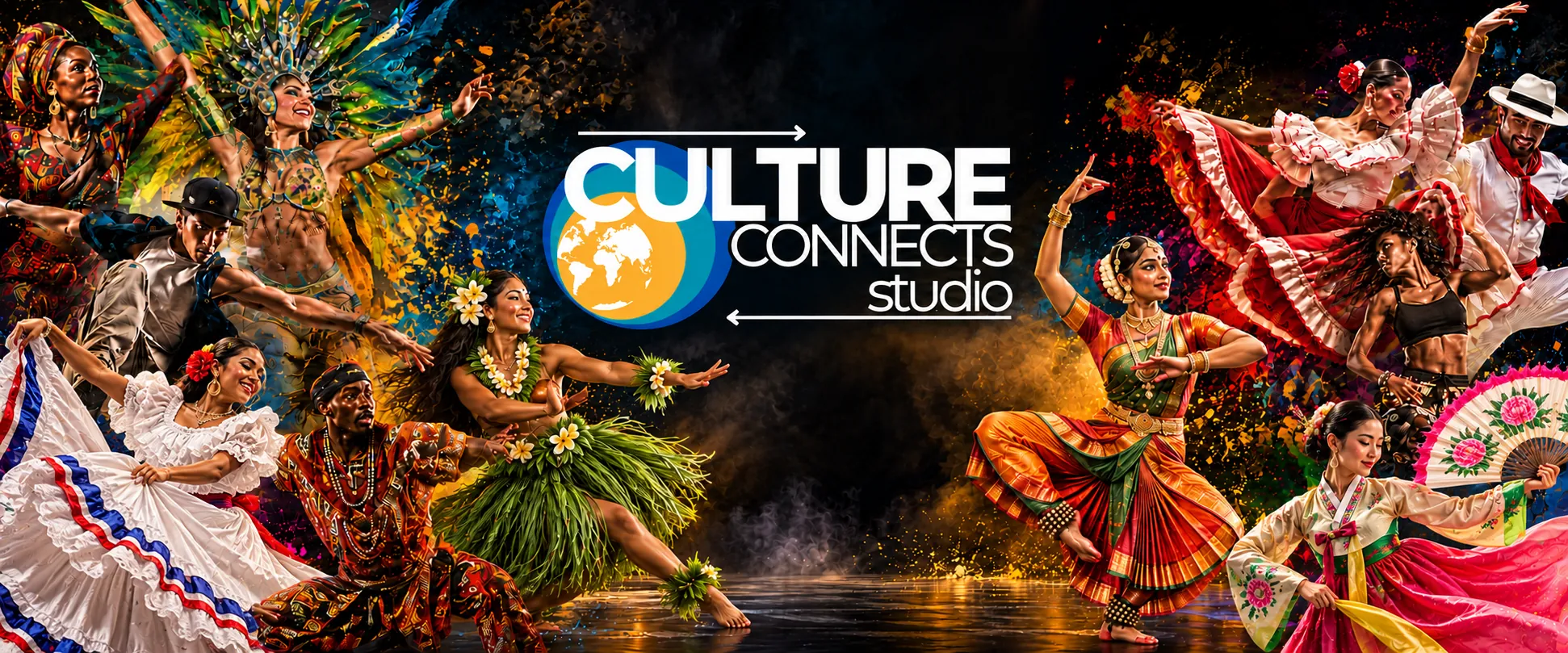 Cultural dance performers surrounding the Culture Connects Studio logo