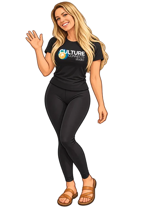 Illustration of Summer in a Culture Connects shirt, black leggings and sandals